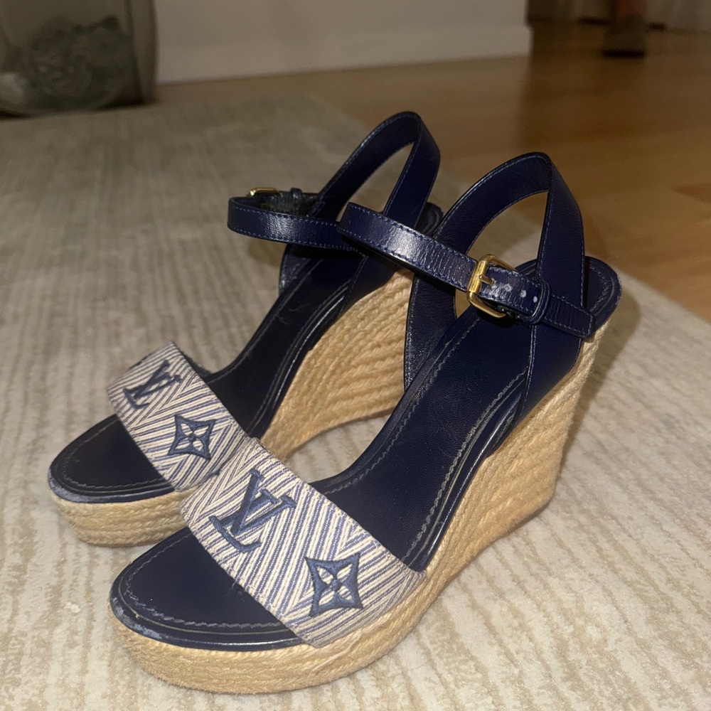 Louis Vuitton Blue and Tan Wedge Sandals